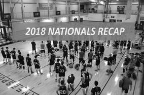 Black and white overhead shot of teams gathered on court, captioned 2018 Nationals Recap.