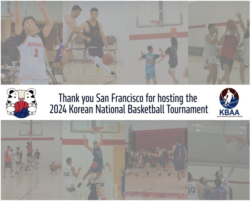 Collage of action shots from the 2024 Korean National Basketball Tournament with a thank-you message to San Francisco for hosting.