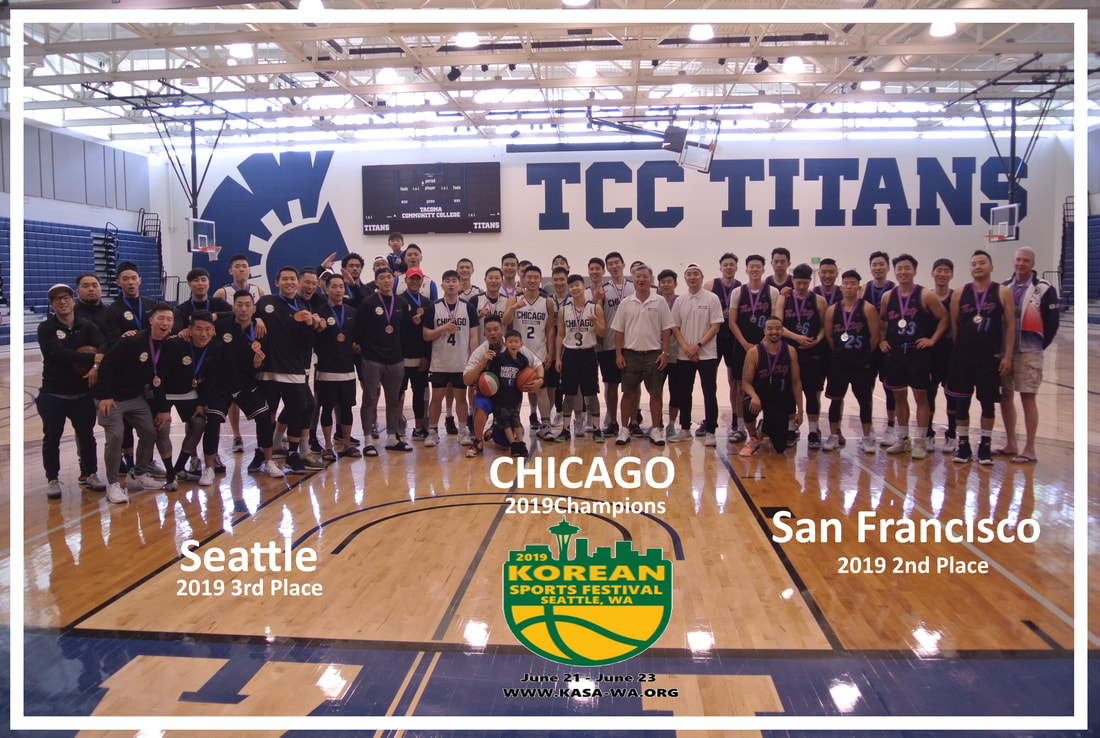 The three medaling teams lined up together on court at the 2019 Korean Sports Festival in Seattle.